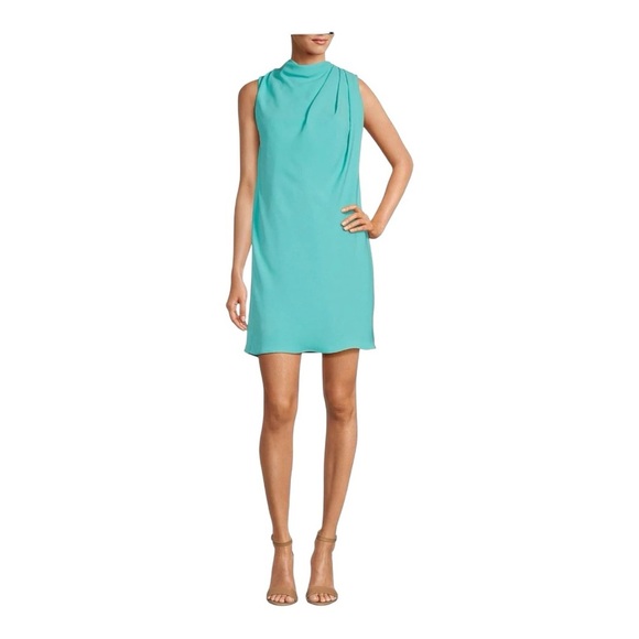 Trina Turk Sabrina Mock Neck flowy Pleated Shift mini dress in teal - Picture 1 of 8